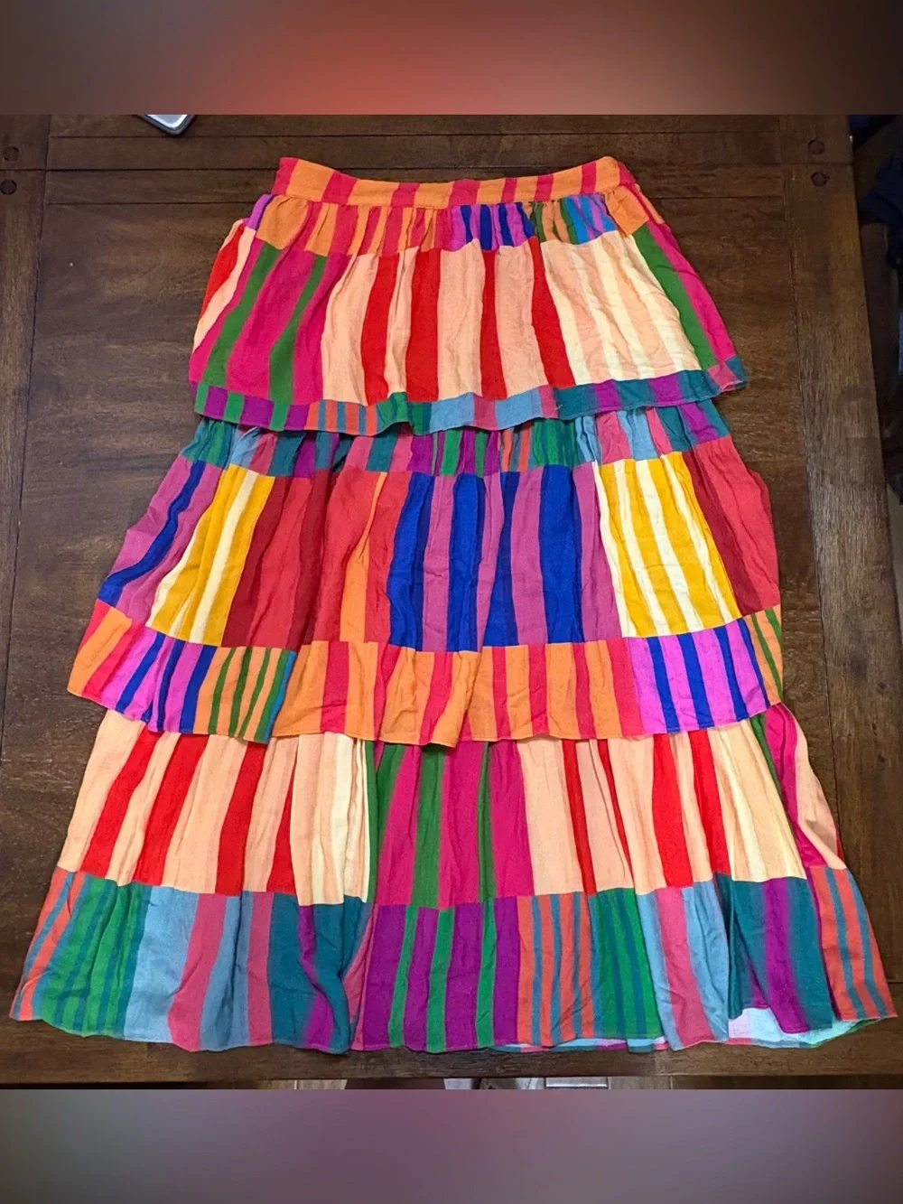 FARM Rio Sunset Stripes Tiered Layer Midi Skirt Size Large - Picture 2 of 7